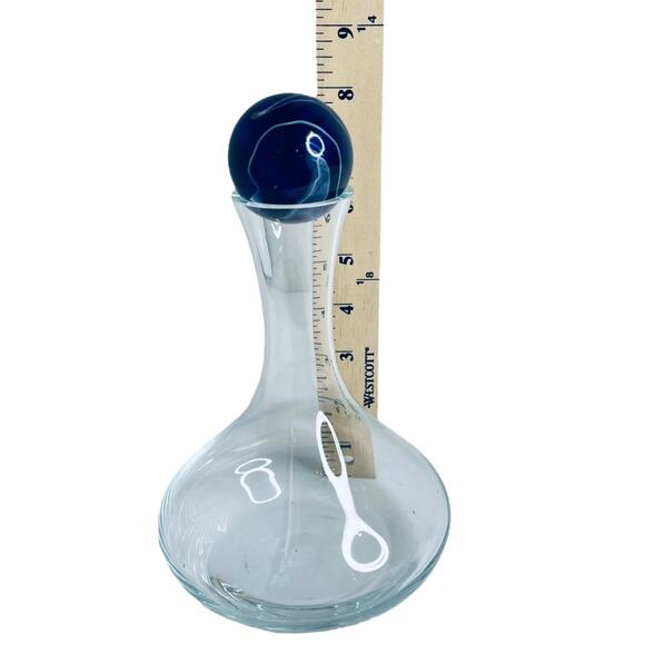 VTG Glass Wine DECANTER & MARBLE BALL STOP 8" Tall Clear Glass Blue Stone Ball - Picture 5 of 8
